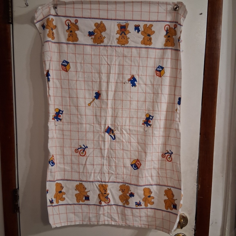 Vtg 80s Dundee Teddy Bear Boy Girl AOP Flannel Receiving‎ Blanket Primary Colors